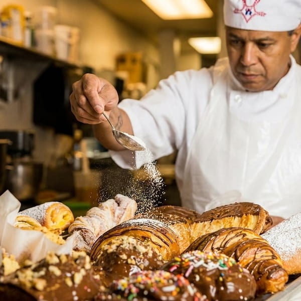Baker in white uniform sprinkling powdered sugar over a tray of pastries and muffins.