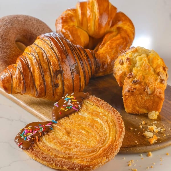 Assortment of pastries on a wooden board, including croissants, a muffin, and a palmerita.