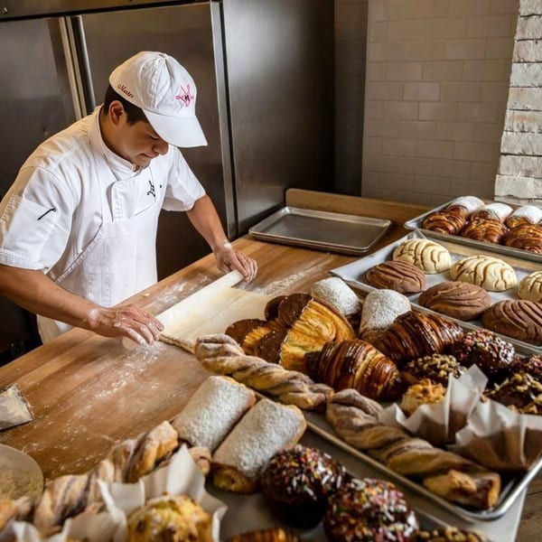 A baker in a white chef's coat and hat rolls dough next to trays of pastries.