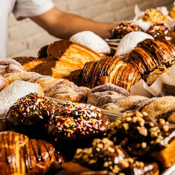 A baker's hands arranging a display of various pastries, including croissants, donuts, and rolls.