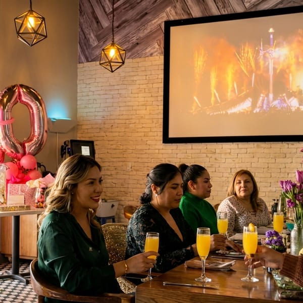 Women celebrating with mimosas at a table, with pink balloons and a projected image in the background.