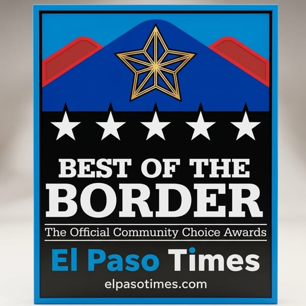 Blue and black El Paso Times 'Best of the Border' award plaque with gold and white stars.