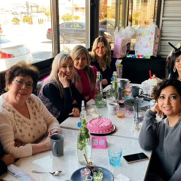 Nine women celebrating a birthday at a restaurant table with a pink cake and gifts.