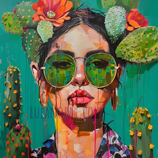 Abstract painting of a woman with green sunglasses, red lips, and cacti and flowers in her hair.