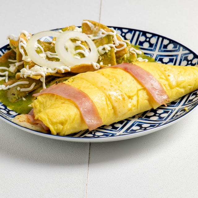Ham, Cheese Omelette & Chilaquiles.